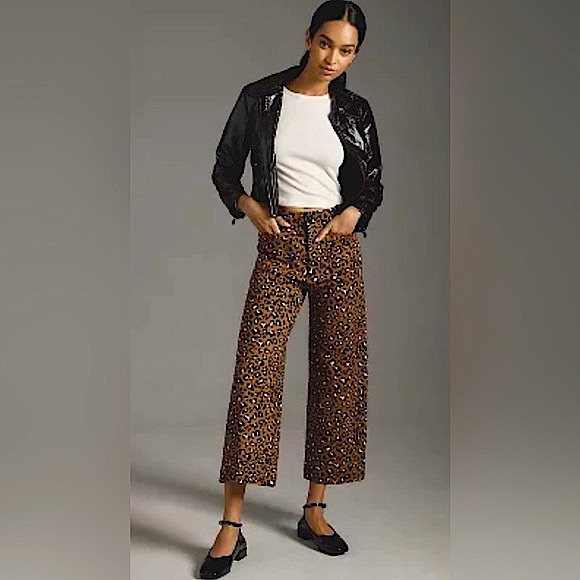 🍂Anthropologie The Colette Cropped Wide-Leg Ponte Pants by Maeve | Leopard - Picture 1 of 5